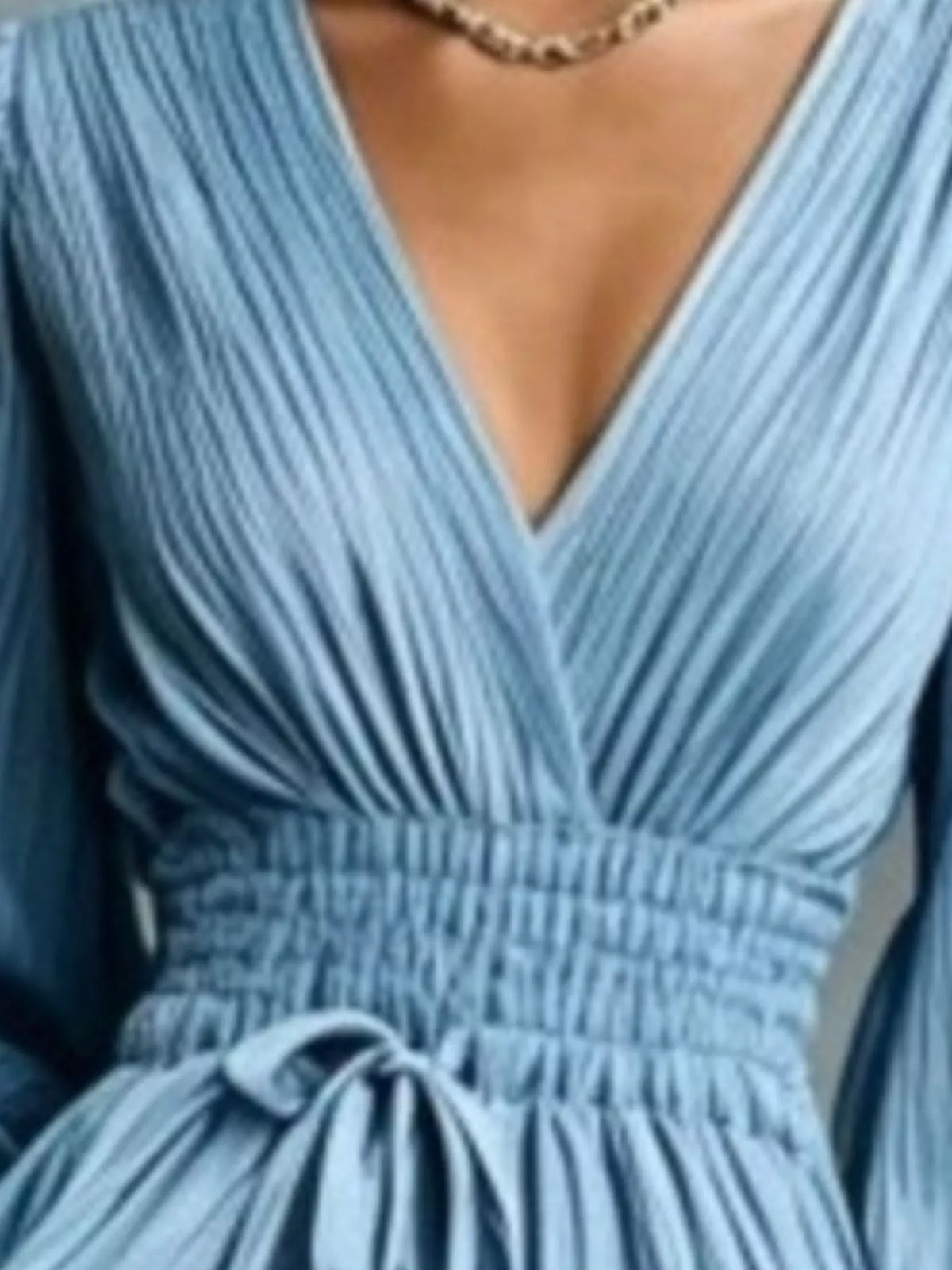 Elegant Pleated V-Neck Maxi Dress with Lantern Sleeves and Tie-Waist - alternate view 7