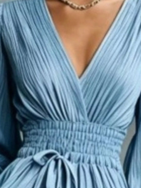 Elegant Pleated V-Neck Maxi Dress with Lantern Sleeves and Tie-Waist - alternate view 7