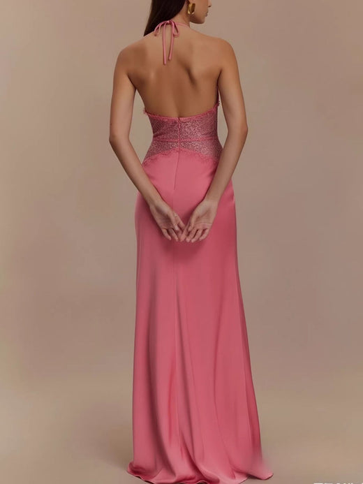 Halter Neck Lace Trimmed Maxi Dress - alternate view 3