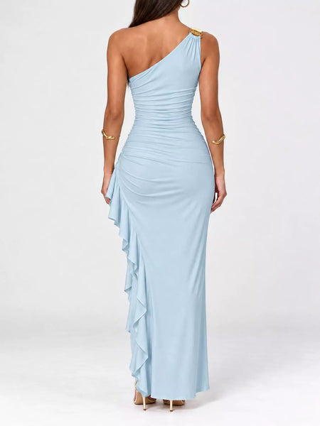 One-Shoulder Ruched Ruffle Hem Maxi Dress - alternate view 15