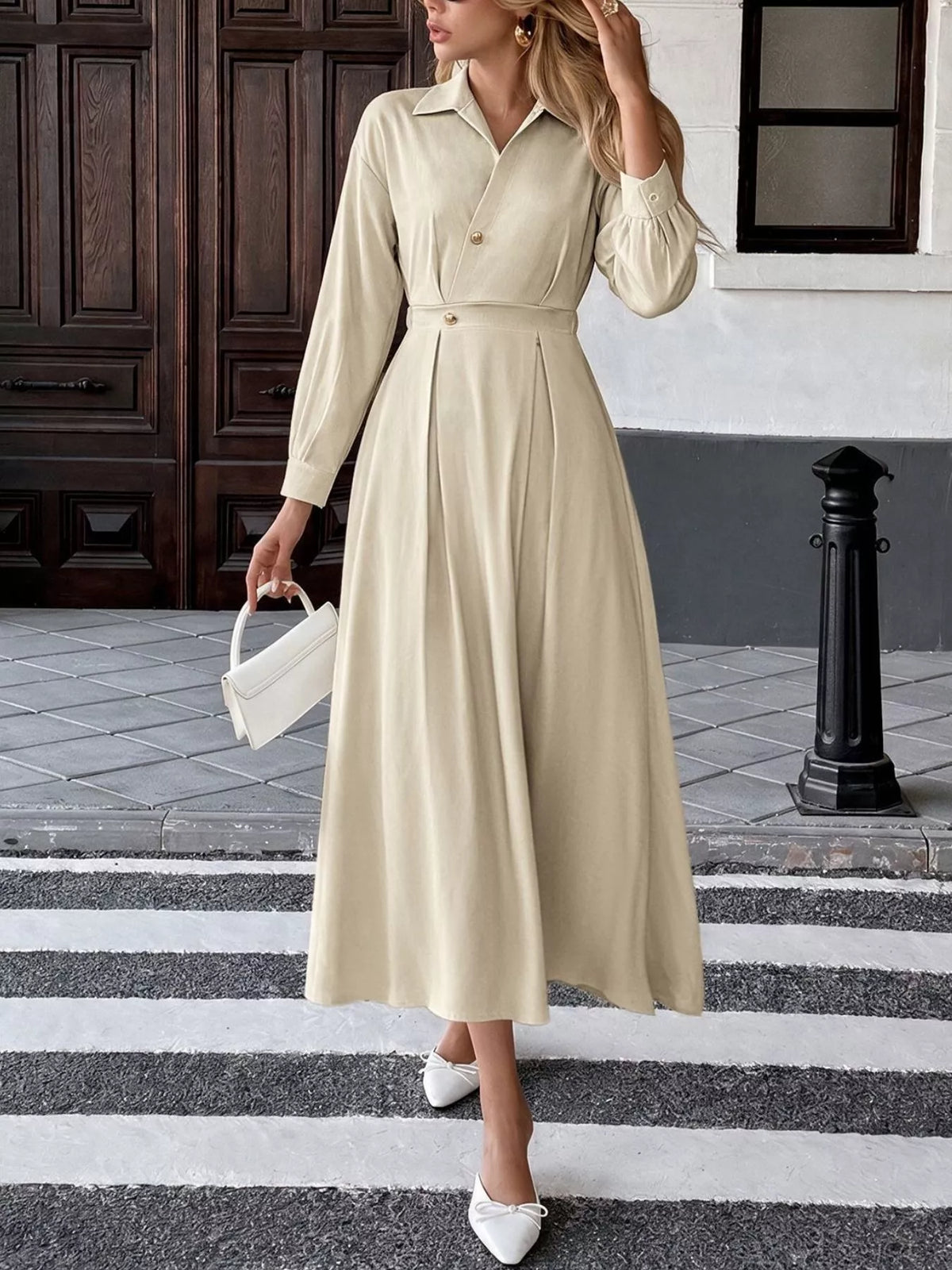 Pleated Button Detail Long Sleeve Shirt Dress - alternate view 3