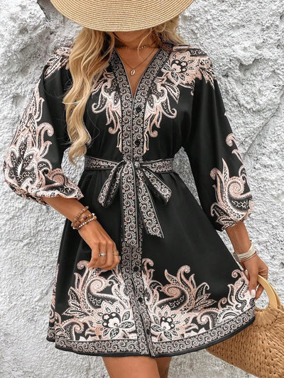 Paisley V-Neck 3/4 Sleeve Mini Dress - alternate view 12