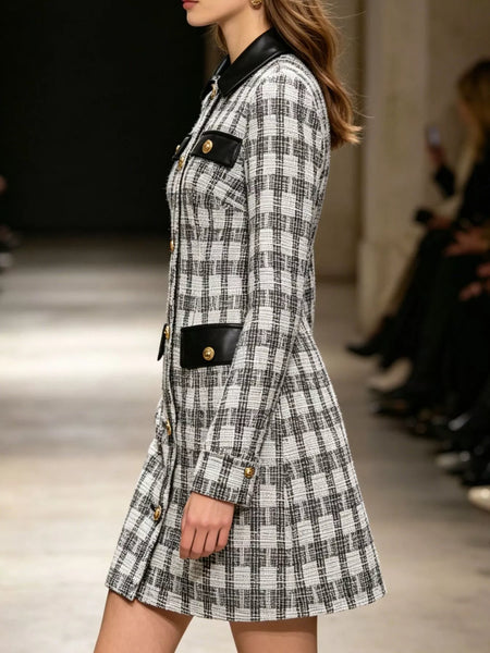 Long Sleeve Plaid Tweed Button-Down Mini Dress - alternate view 2