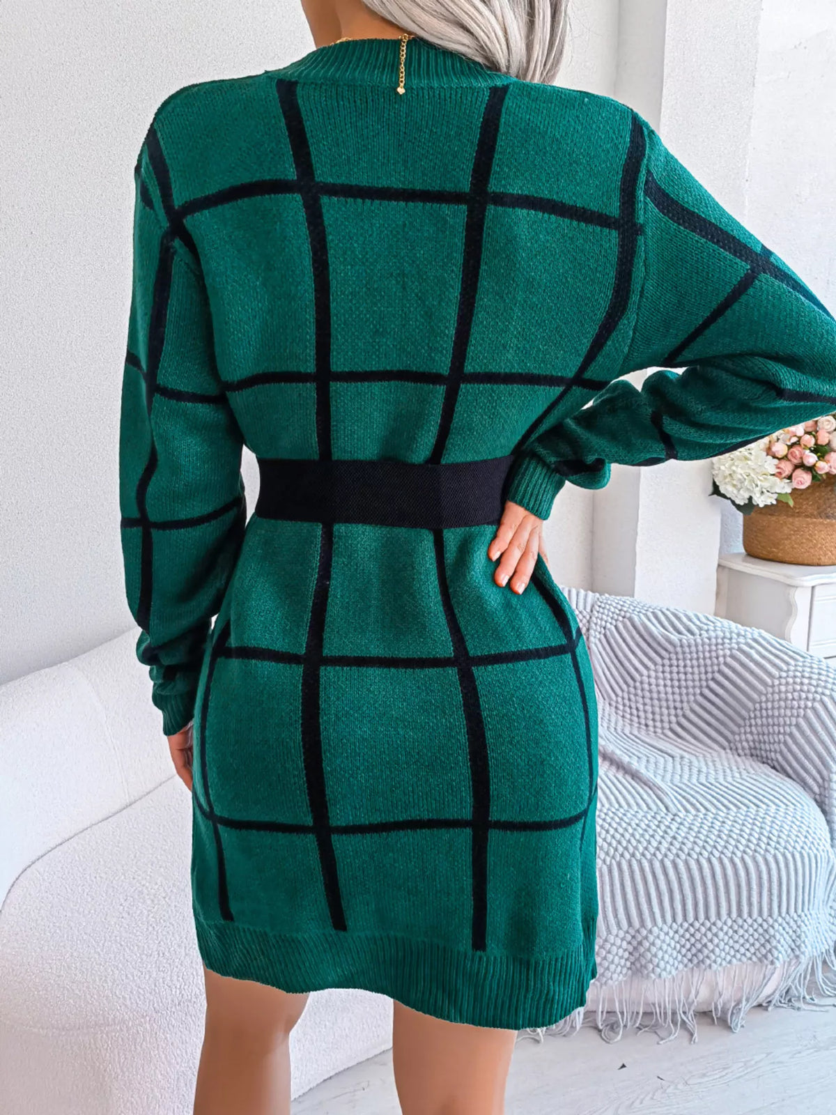 Plaid Pattern Long Sleeve Sweater Dress - alternate view 10