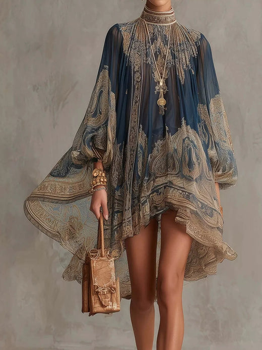 Full Size Paisley Print Chiffon High-Low Mini Dress Plus Size