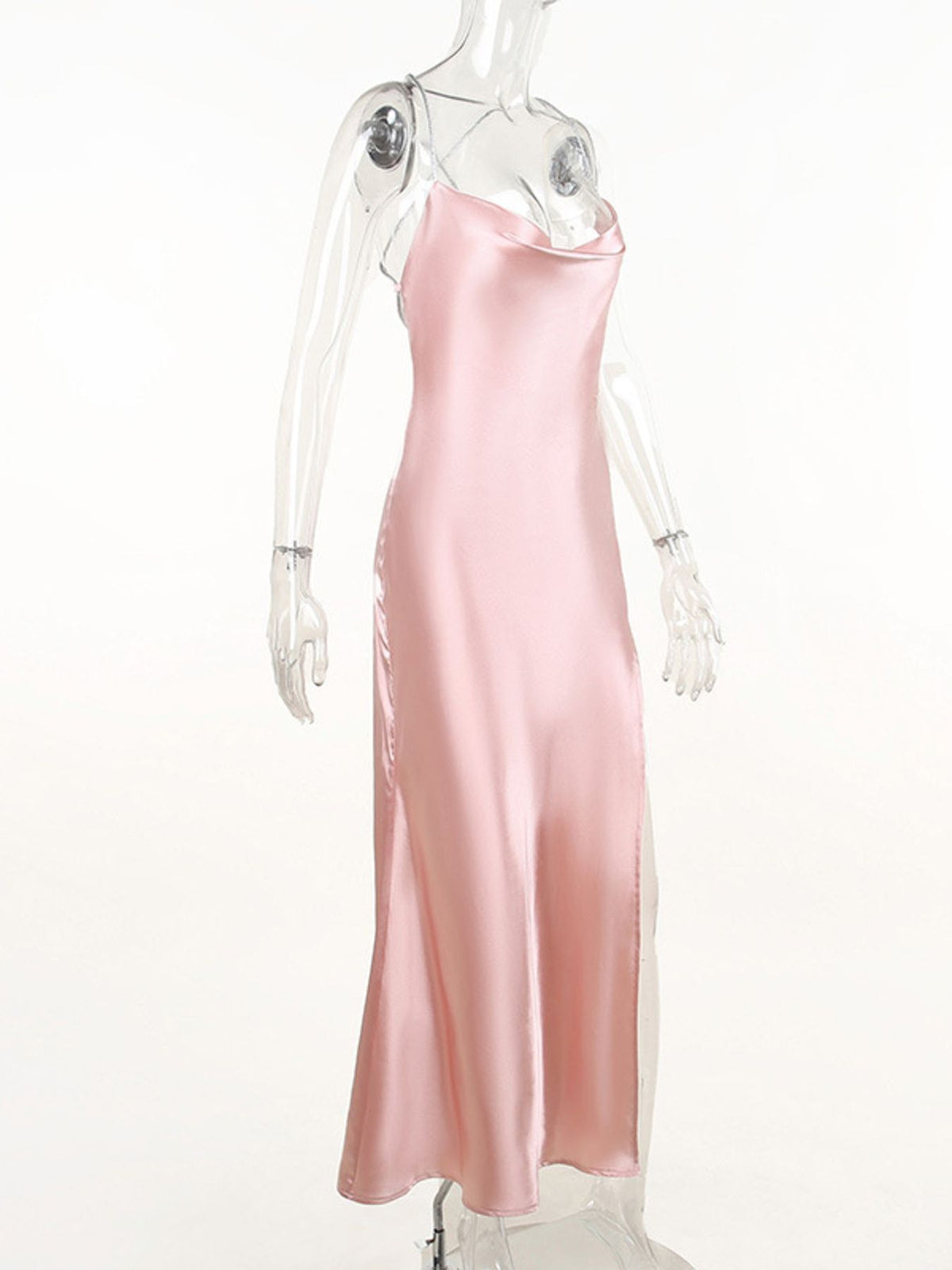 Slinky Satin Cowl Neck High Slit Dress with Back Lace Up - alternate view 11