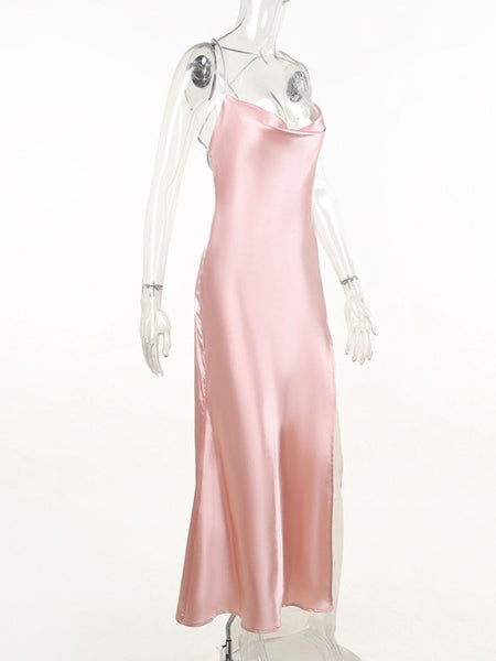 Slinky Satin Cowl Neck High Slit Dress with Back Lace Up - alternate view 11