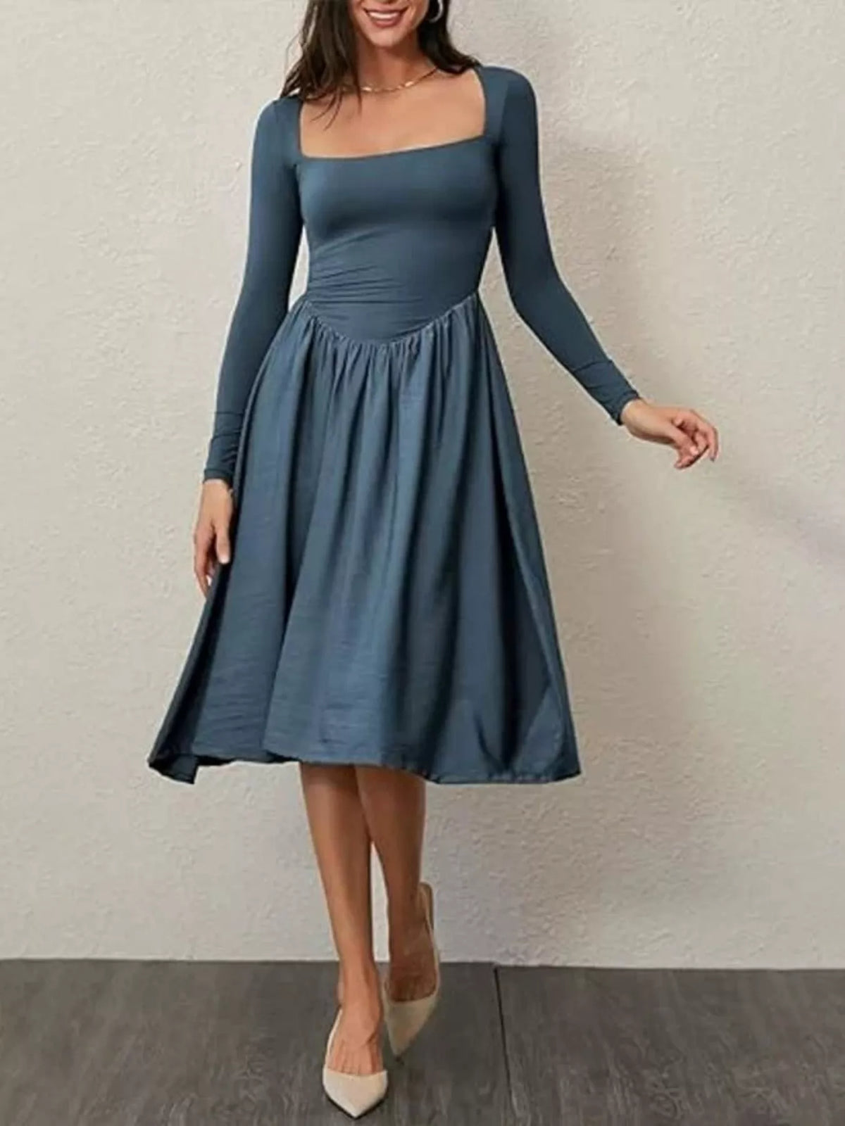 Square Neck Long Sleeve Midi Dress - alternate view 12