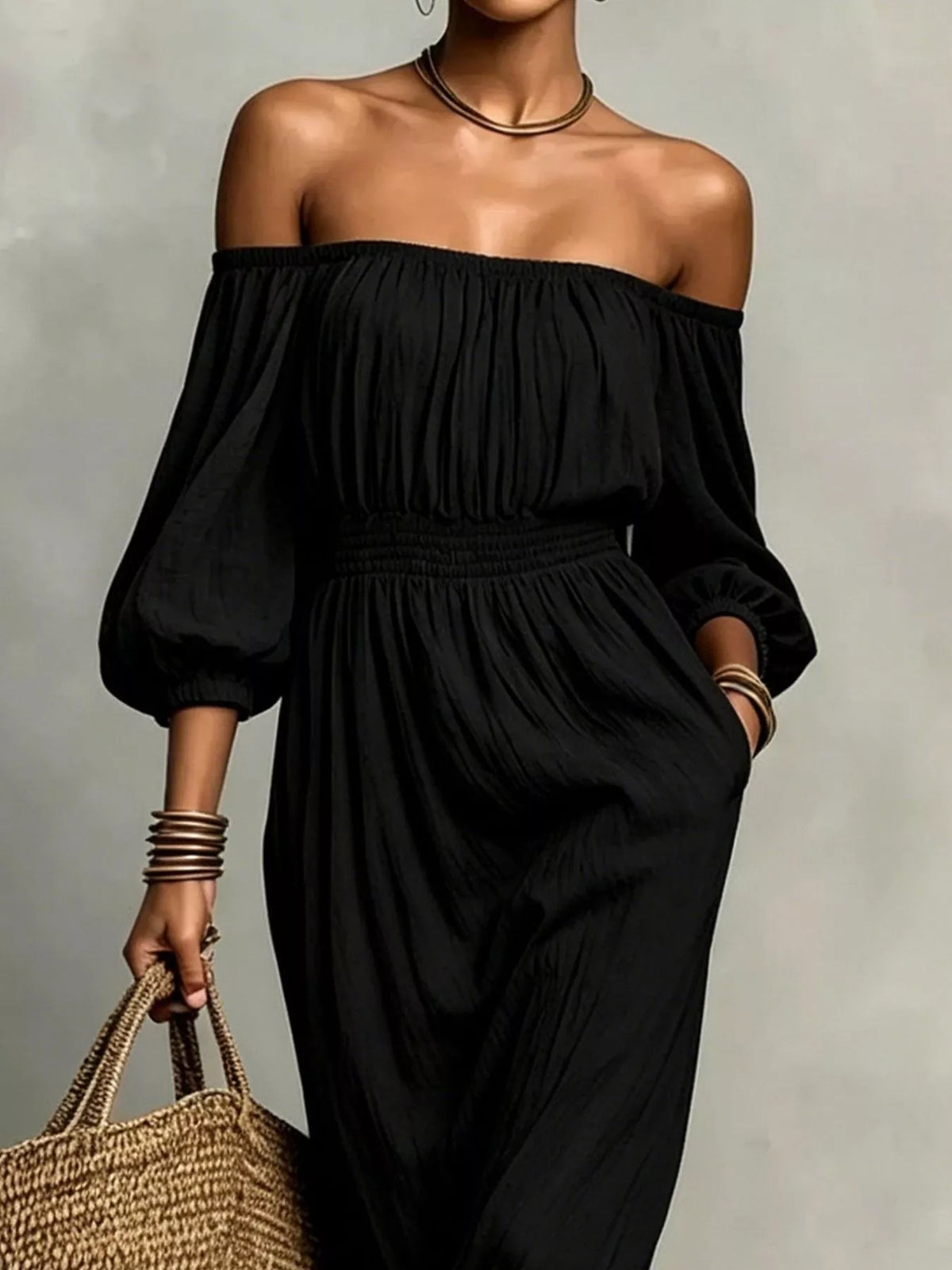 Off-Shoulder Smocked Waist Maxi Dress - alternate view 4