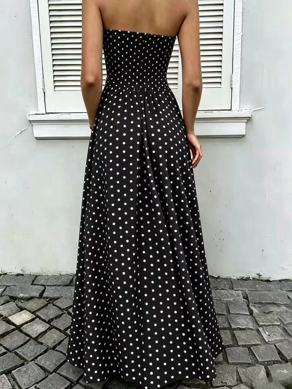 Strapless Polka Dot Ruched Maxi Dress - alternate view 11