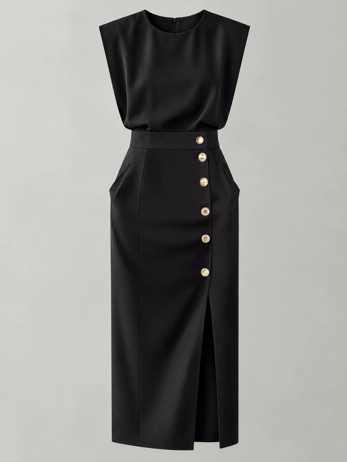 Sleeveless Midi Dress with Gold Button Detail and Side Slit - alternate view 4