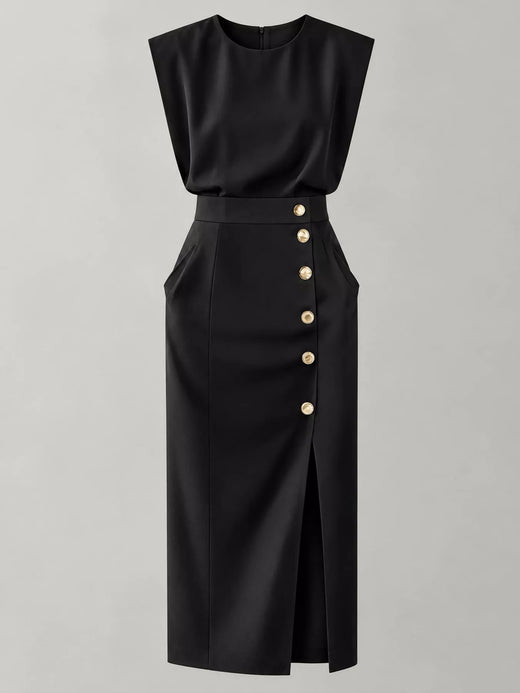 Sleeveless Midi Dress with Gold Button Detail and Side Slit - alternate view 4