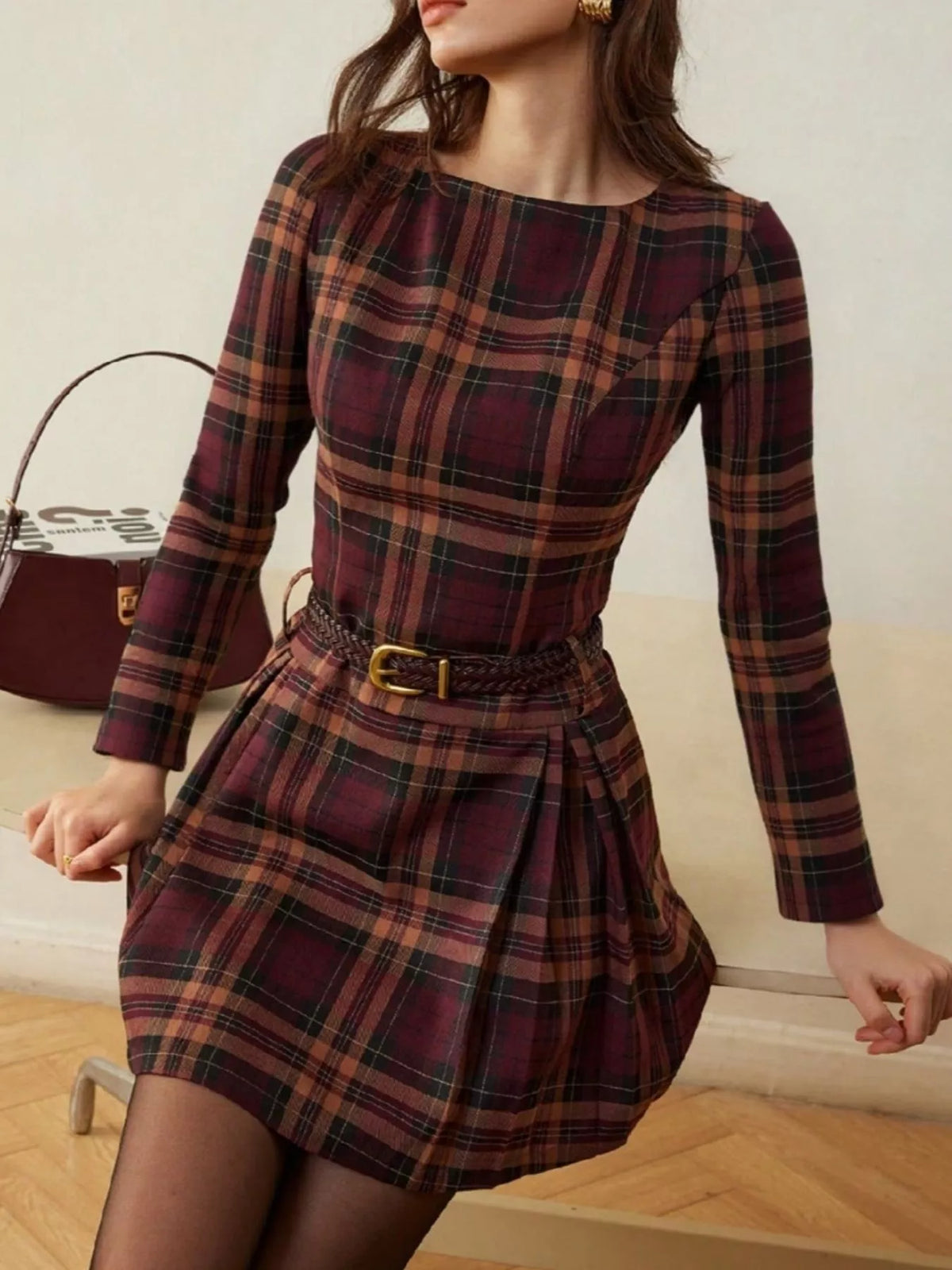 Plaid Long Sleeve Mini Dress - alternate view 2