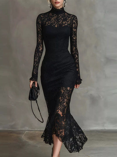 Elegant Lace Mock Neck Mermaid Midi Dress