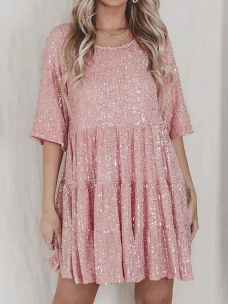 Sequin Round Neck Half Sleeve Mini Dress - alternate view 8