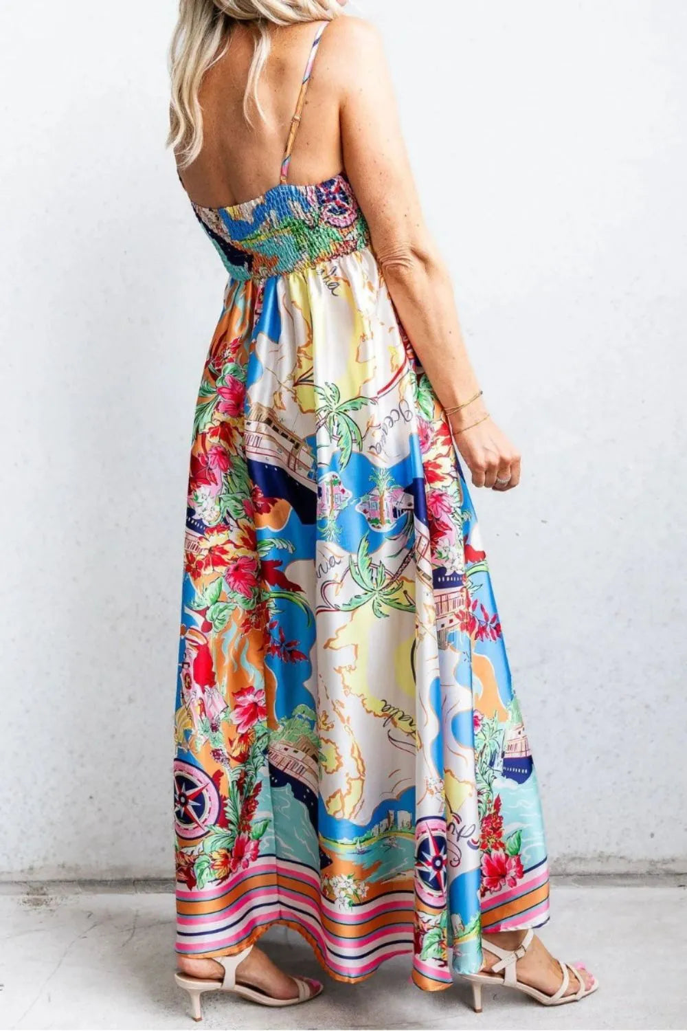 Smocked Back Printed Square Neck Maxi Cami Dress with Pockets - alternate view 8