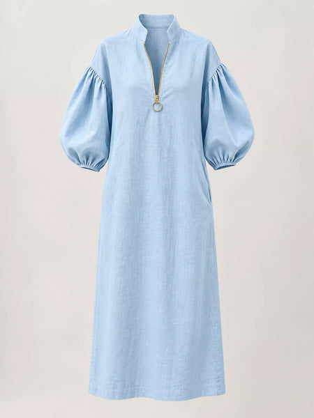 Half-Zip Puff Sleeve Midi Dress - alternate view 4