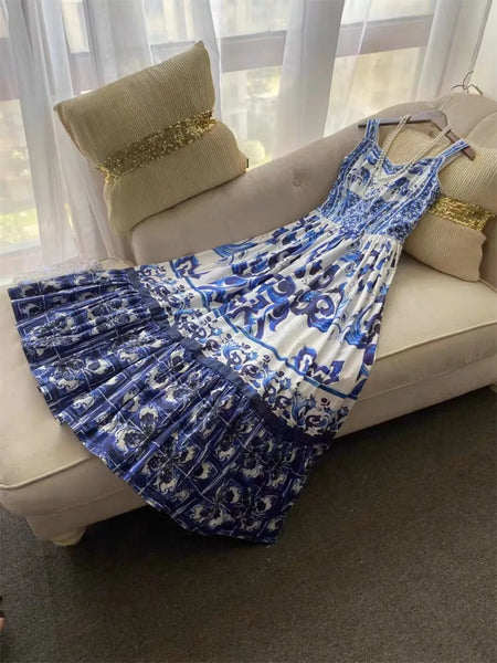 Smocked Printed Wide Strap Dress - alternate view 10