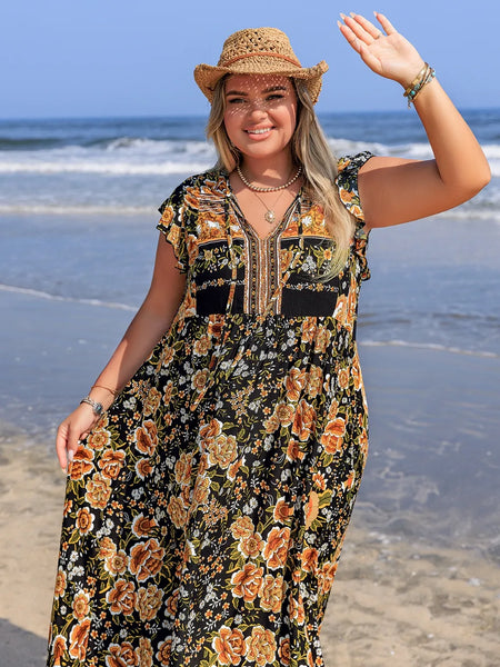 Printed V-Neck Ruffle Cap Sleeve Maxi Dress - alternate view 7