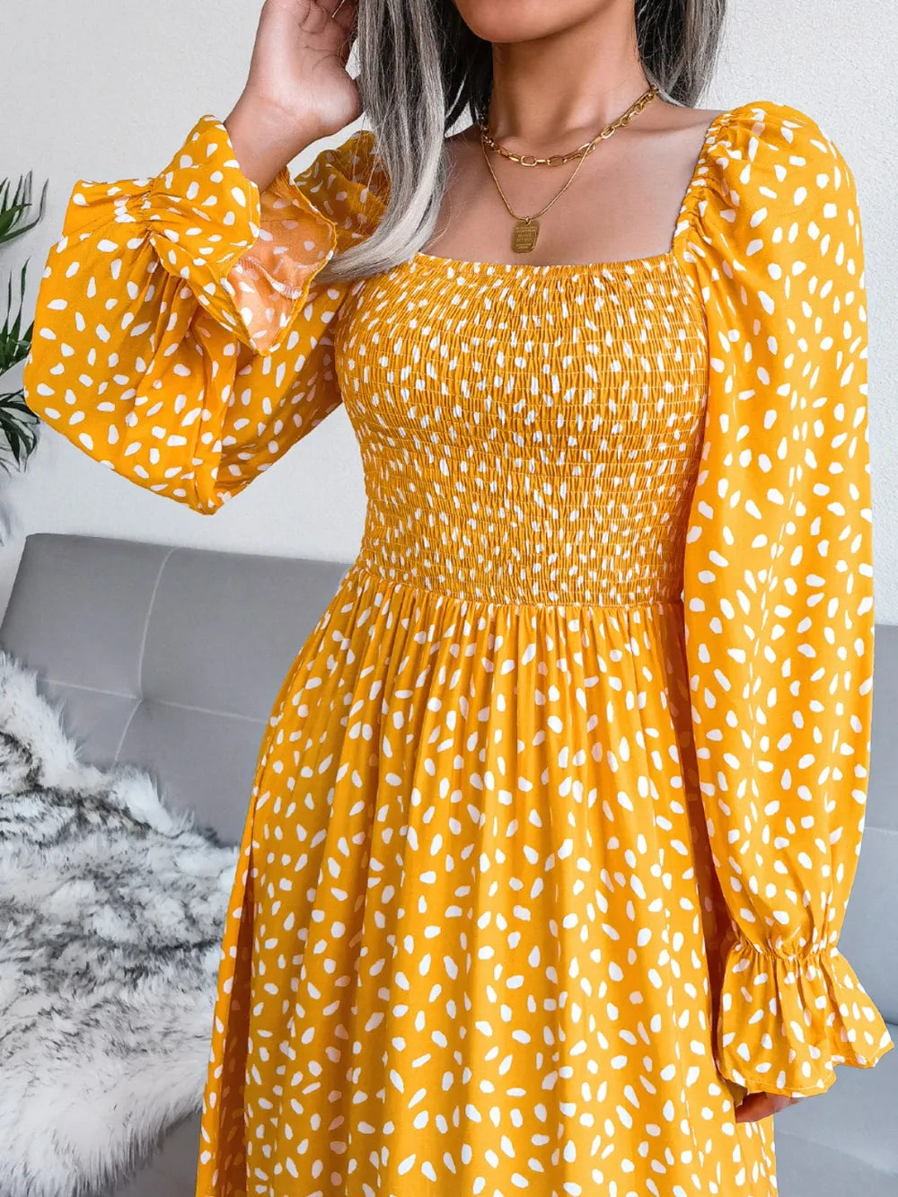 Smocked Square Neck Flounce Sleeve Dress - alternate view 5