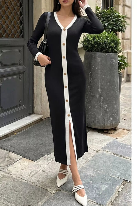 Contrast Trim V-Neck Knit Dress