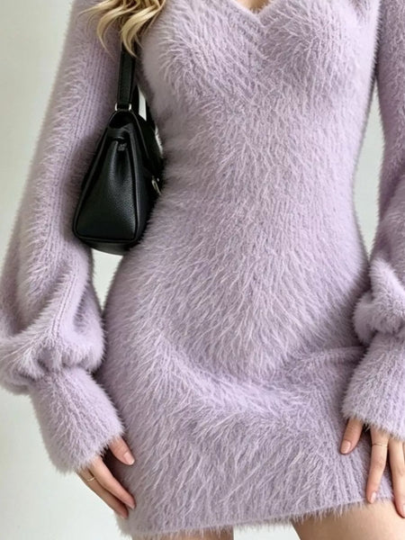 Fuzzy V-Neck Long Sleeve Mini Sweater Dress - alternate view 15