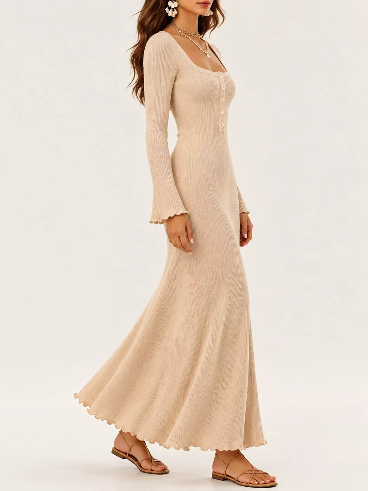 Button-Front Ribbed Knit Maxi Dress - alternate view 13