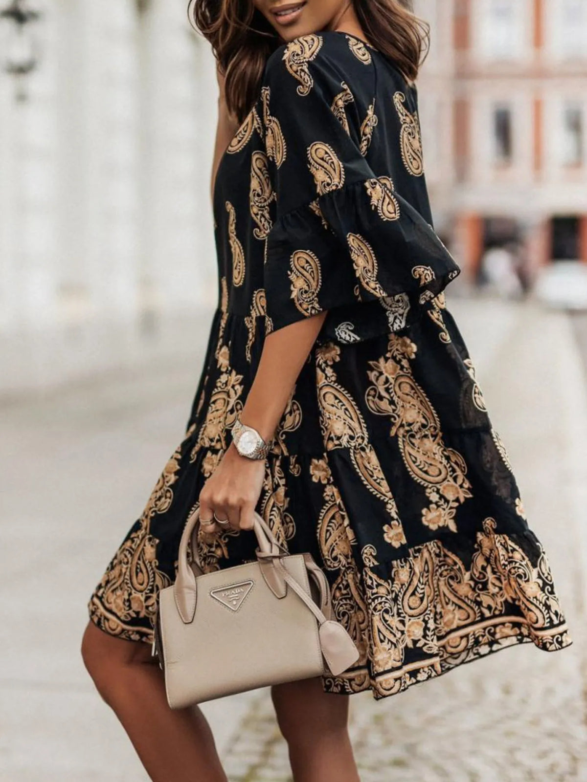 Paisley Print Tie Neck Half Sleeve Mini Dress - alternate view 5
