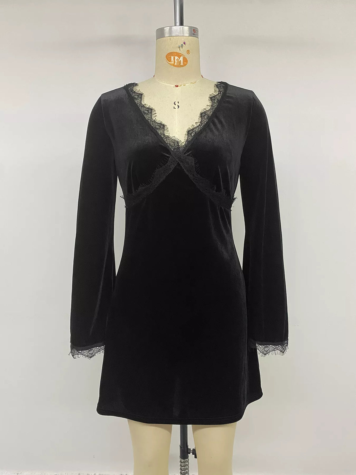 Velvet Lace Trim V-Neck Mini Dress - alternate view 6