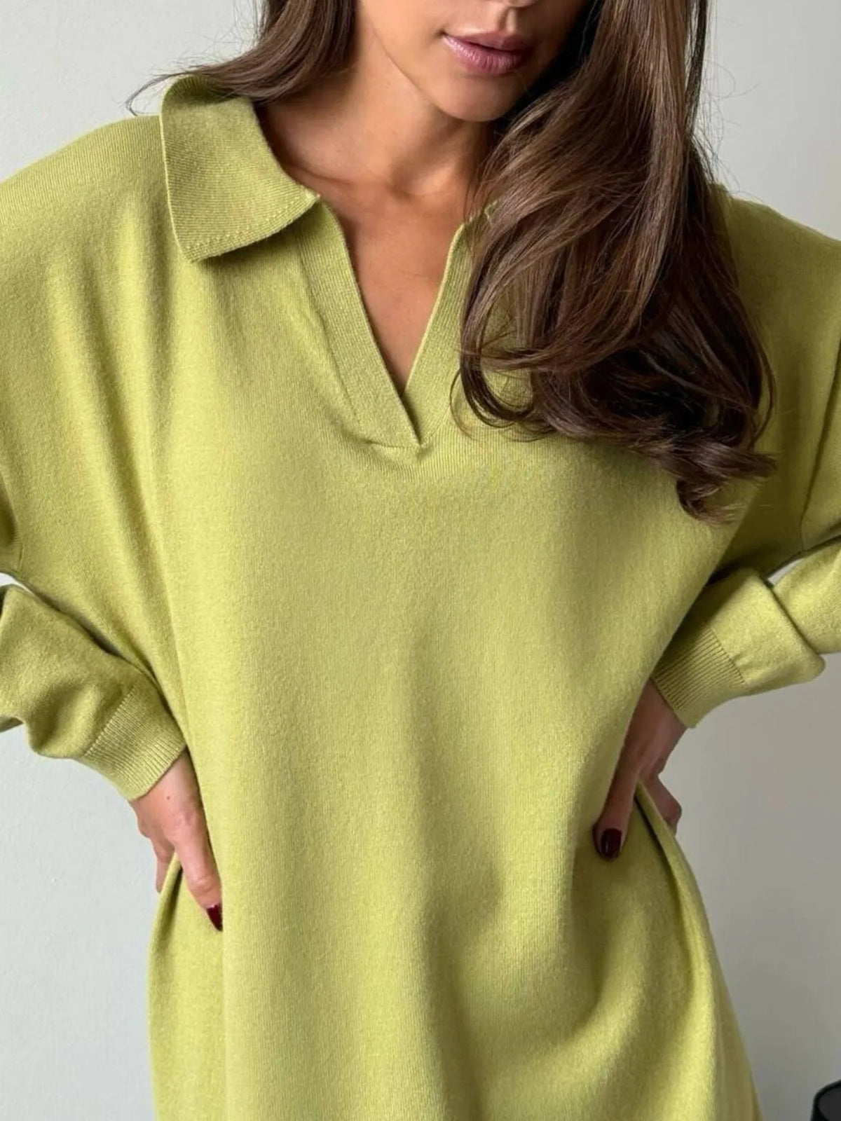 Long Sleeve Collared Neck Knit Dress - alternate view 2