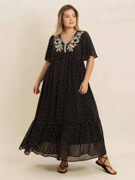 Printed V-Neck Flutter Sleeve Maxi Dress - alternate view 3