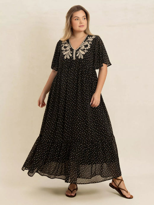 Printed V-Neck Flutter Sleeve Maxi Dress - alternate view 3