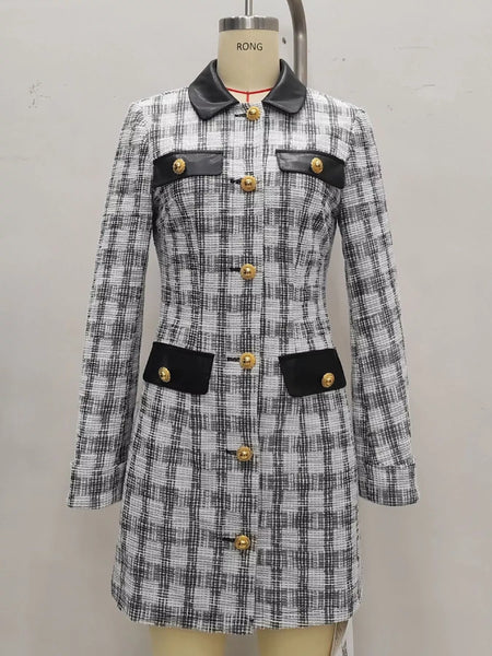 Long Sleeve Plaid Tweed Button-Down Mini Dress - alternate view 4