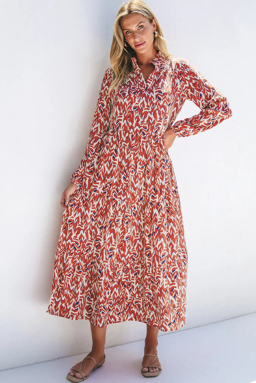 Printed Notched Long Sleeve Dress - alternate view 2