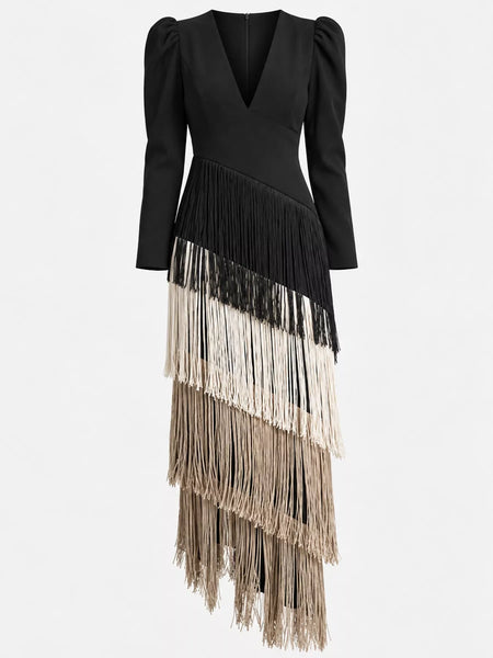 Fringed V-Neck Puff Sleeve Maxi Dress - alternate view 32