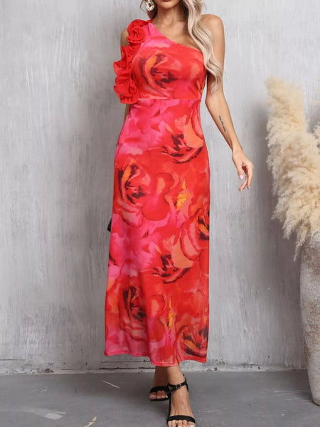 Floral Print One Shoulder Ruffle Trim Dress - alternate view 4