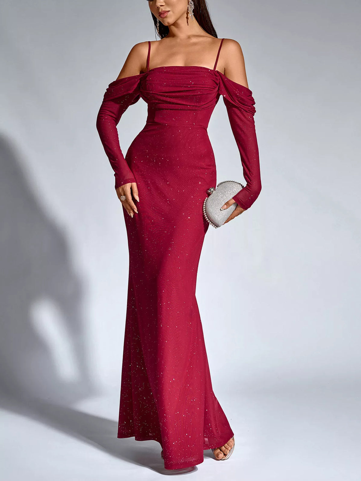 Glitter Ruched Long Sleeve Mermaid Maxi Dress - alternate view 3