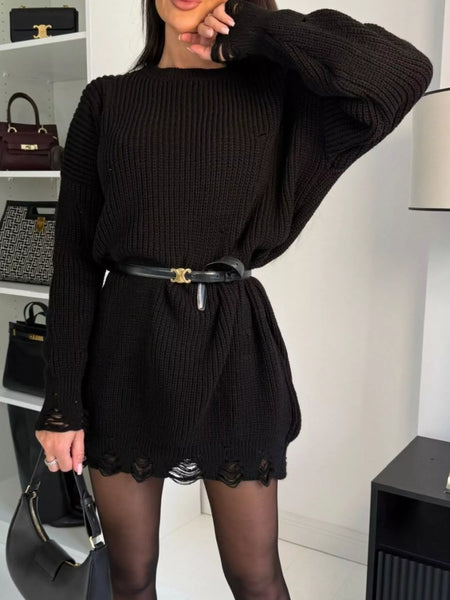 Distressed Round Neck Drop Shoulder Sweater Dress - alternate view 2