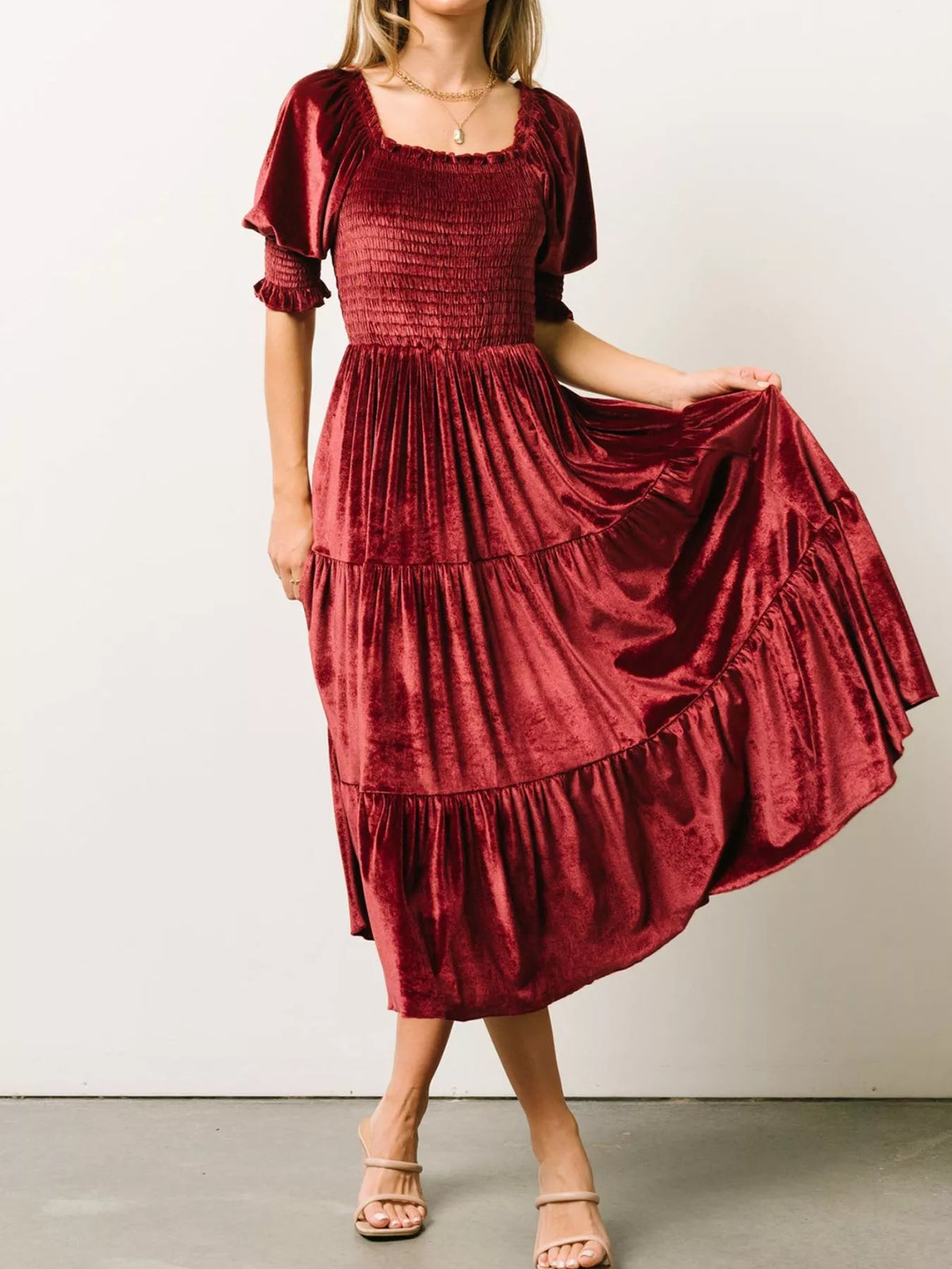 Velvet Smocked Tiered Midi Dress - alternate view 14