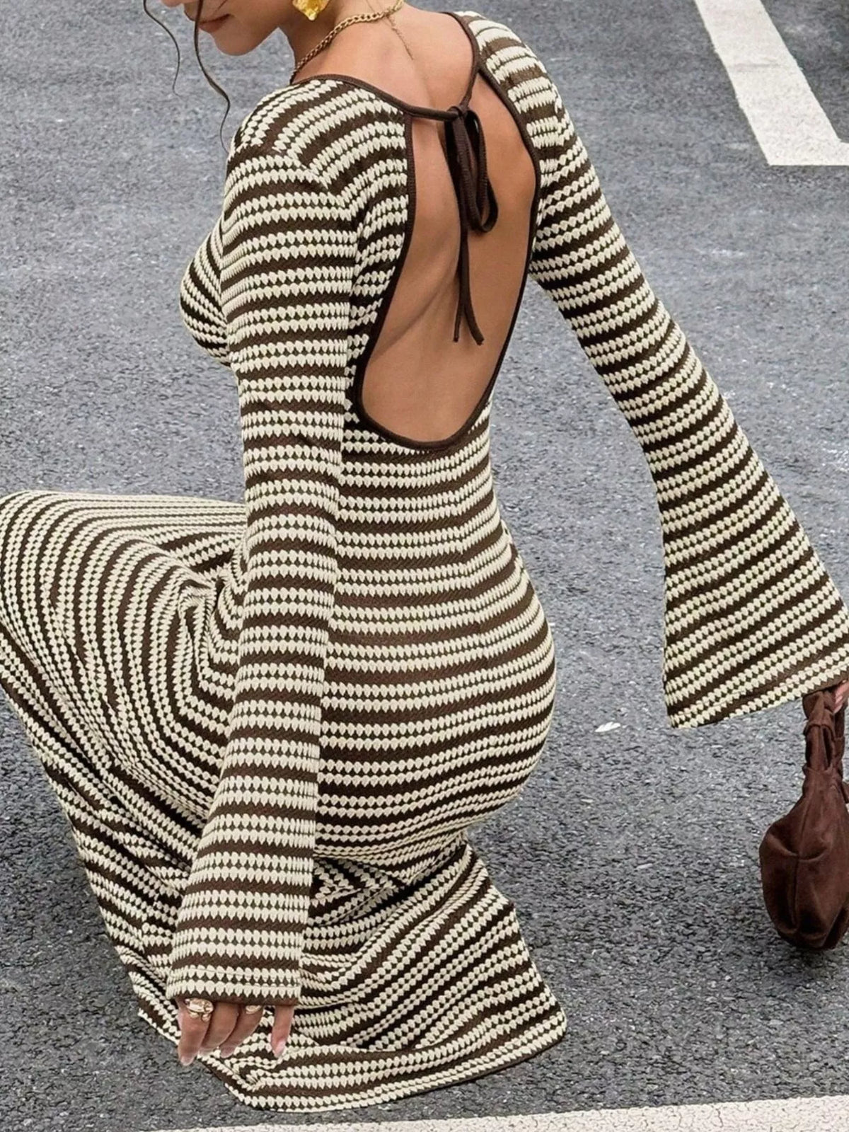 Backless Striped Ribbed Knit Maxi Dress with Flared Sleeves - alternate view 8