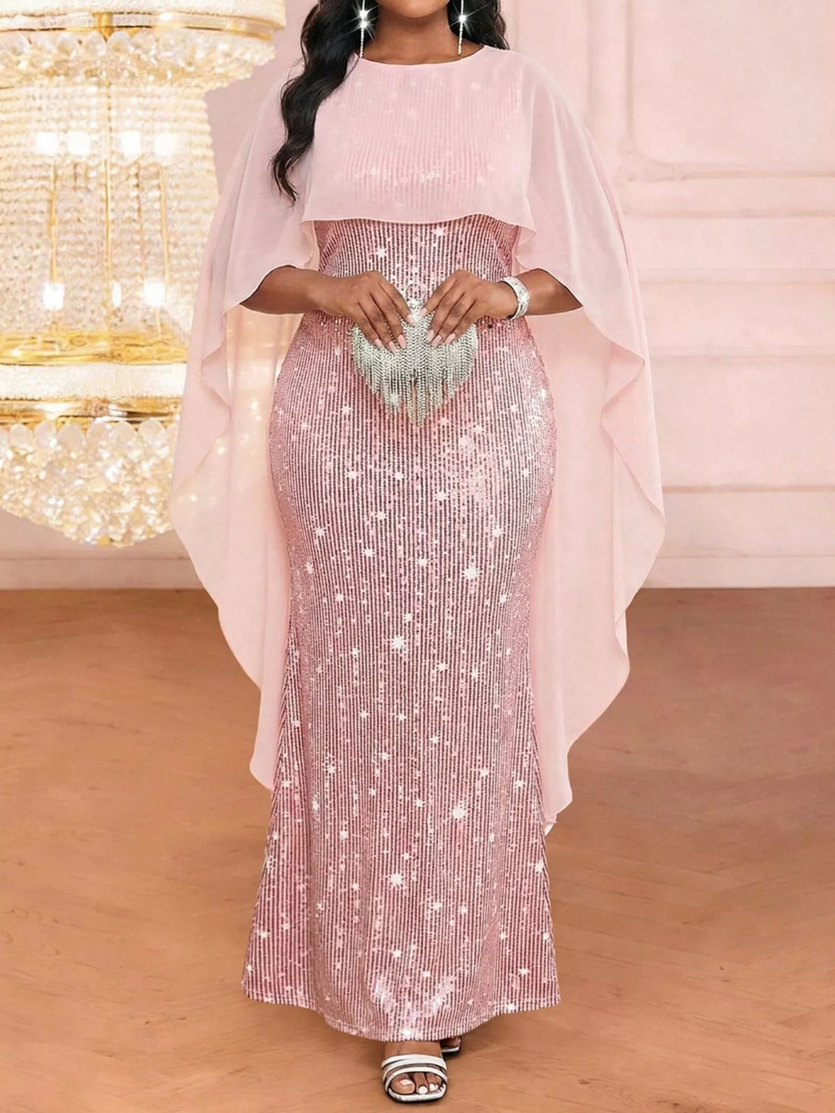 Sequin Cape Overlay Evening Dress - alternate view 3