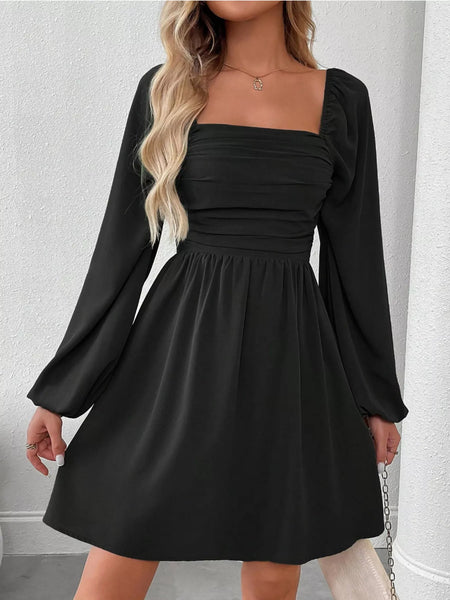 Ruched Square Neck Long Sleeve A-Line Dress - alternate view 10