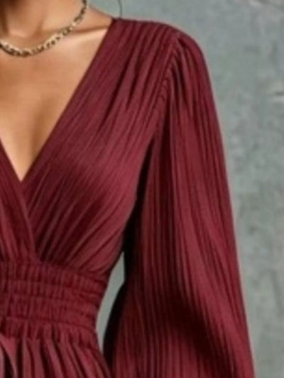 Elegant Pleated V-Neck Maxi Dress with Lantern Sleeves and Tie-Waist - alternate view 9