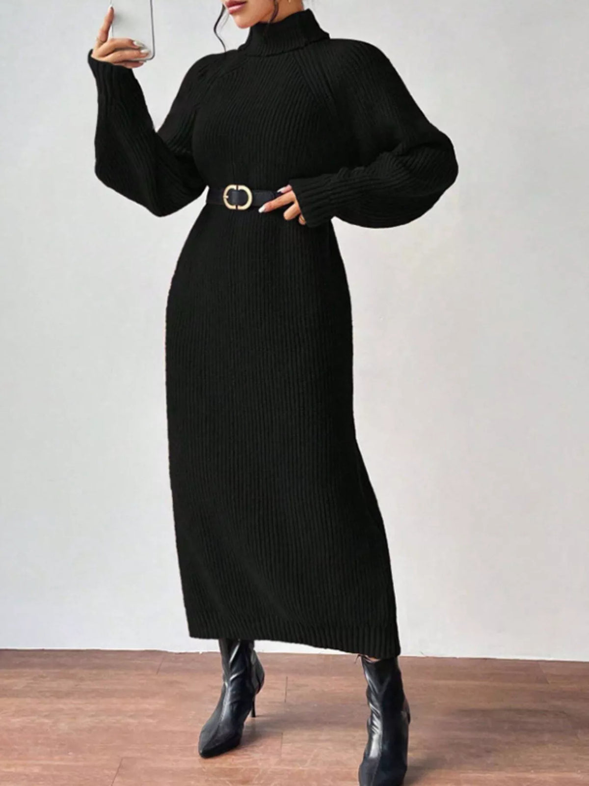 Turtleneck Ribbed Knit Midi Sweater Dress - alternate view 3