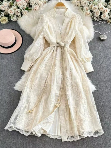 Lace Tie Waist Long Sleeve Dress - alternate view 2