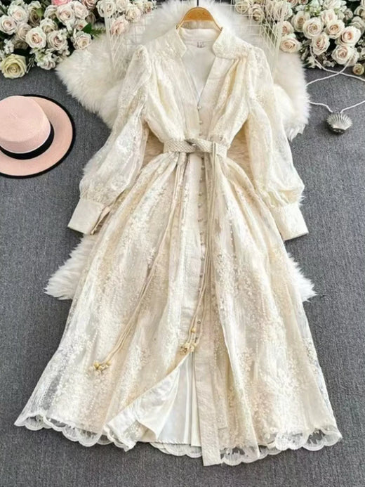 Lace Tie Waist Long Sleeve Dress - alternate view 2