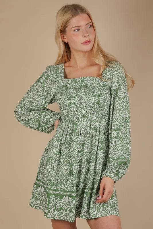VERY J Printed Smocked Chest Boho Mini Dress