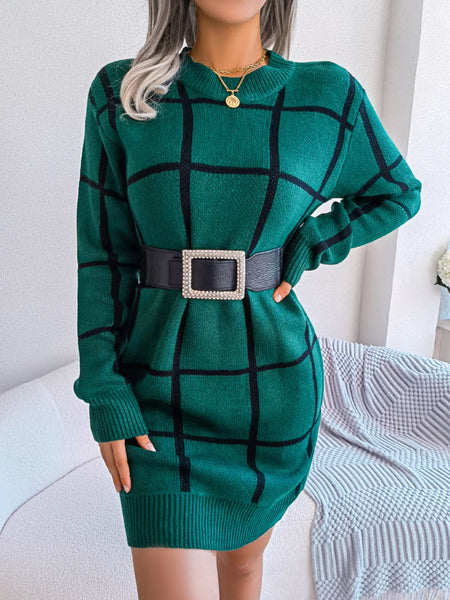Plaid Pattern Long Sleeve Sweater Dress - alternate view 5