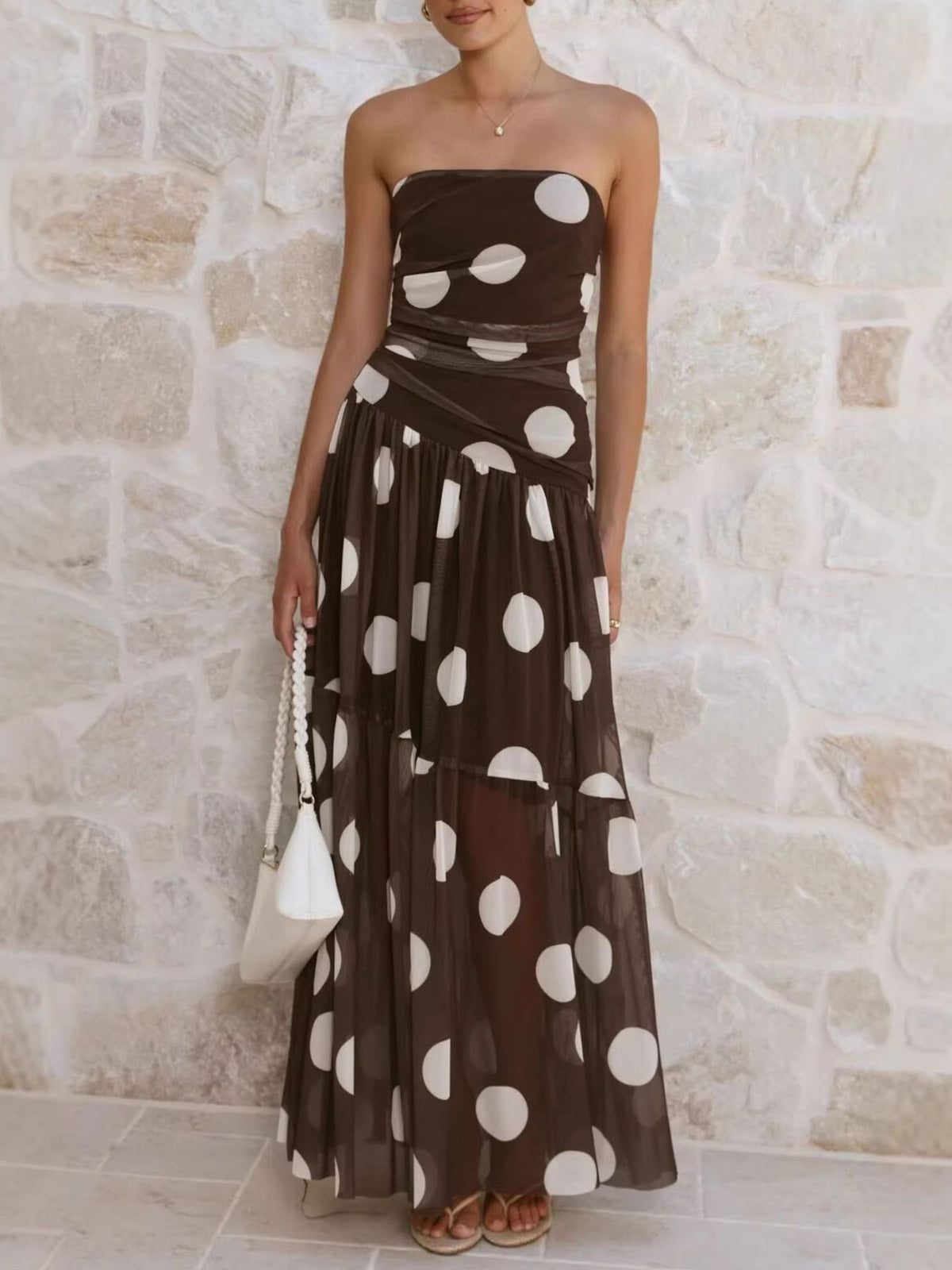 Polka Dot Strapless Ruched Maxi Dress