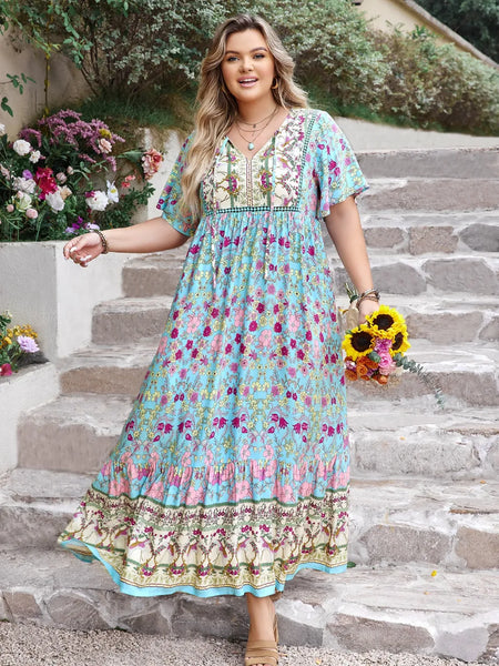 Printed Tie Neck Flutter Sleeve Maxi Dress - alternate view 3